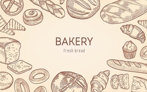 Elegant monochrome background with frame made of breads, sweet baked products, homemade pastry. Realistic hand drawn vector illustration in vintage style for bakery, bakeshop, bakehouse advertisement