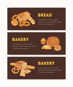 Bundle of web banner templates with different breads, sweet delicious pastry and place for text. Hand drawn vector illustration in vintage style for baked products promotion, bakery advertisement