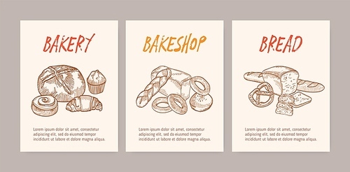 Bundle of vertical flyer or poster templates with tasty breads, sweet delicious pastry or homemade baked products. Monochrome vector illustration in vintage style for bakeshop or bakery promotion