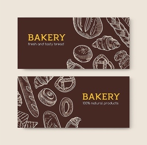Set of horizontal banner templates with delicious breads and tasty baked products hand drawn with contour lines on dark background. Realistic vector illustration in retro style for bakery promotion
