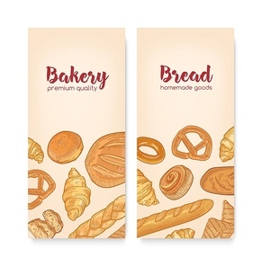 Set of vertical banner templates with tasty breads, sweet delicious pastry or homemade baked products. Hand drawn vector illustration in retro style for bakeshop, bakehouse or bakery advertisement