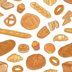 Elegant seamless pattern with different types of bread and delicious backed products on white background. Backdrop with homemade pastry. Realistic hand drawn vector illustration for textile print