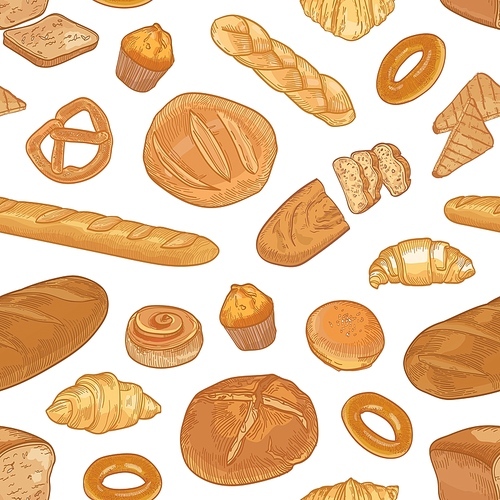 Elegant seamless pattern with different types of bread and delicious backed products on white background. Backdrop with homemade pastry. Realistic hand drawn vector illustration for textile