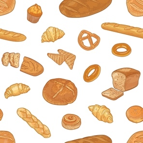 Elegant seamless pattern with different types of delicious bread or pastry on white background. Backdrop with whole grain baked snacks. Realistic hand drawn vector illustration for textile print
