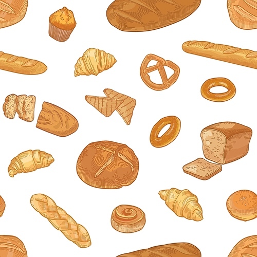 Elegant seamless pattern with different types of delicious bread or pastry on white background. Backdrop with whole grain baked snacks. Realistic hand drawn vector illustration for textile