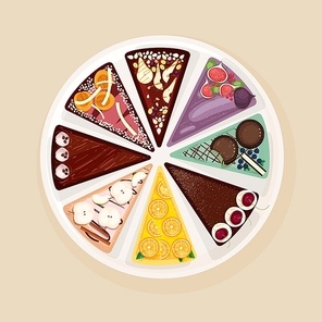 Sweet cake or tart divided into eight parts with various tastes and toppings. Delicious baked confection, elegant tasty dessert. Top view. Colorful vector illustration in flat cartoon style.