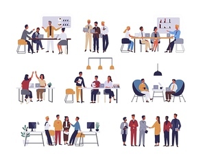 Collection of scenes at office. Bundle of men and women taking part in business meeting, negotiation, brainstorming, talking to each other. Colorful vector illustration in flat cartoon style.