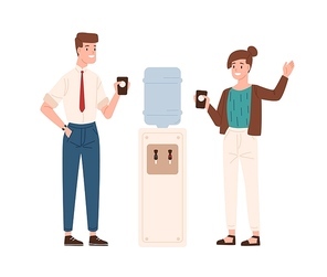 Pair of man and woman standing beside office cooler, drinking water and talking to each other or chatting. Friendly meeting during coffee break. Colorful vector illustration in flat cartoon style.