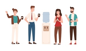 Office workers or colleagues standing near water cooler or dispenser, drinking and chatting. Smiling male and female clerks talking during coffee break. Vector illustration in flat cartoon style.