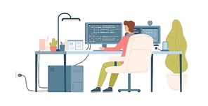 Programmer, coder, web developer or software engineer sitting at desk and working on computer or programming. Workplace of IT worker. Back view. Colorful vector illustration in flat cartoon style.
