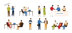 Collection of people taking part in recruitment or hiring process. Men and women sitting in line, talking during job interview, shaking hands. Colored vector illustration in flat cartoon style.
