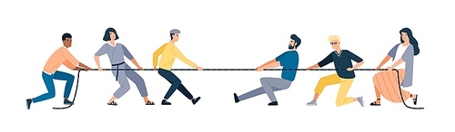Two groups of people pulling opposite ends of rope isolated on white . Tug of war contest between office workers. Concept of business competition. Vector illustration in flat cartoon style
