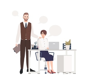 Man and women working together. Office workers or colleagues dressed in smart clothes sitting in chair and standing at desk with computer and talking to each other. Flat cartoon vector illustration