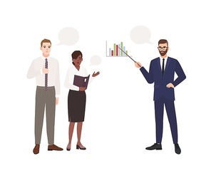 Bearded man in office suit making presentation in front of colleagues. Business meeting. Managers taking part in professional discussion, conversation or dialog. Flat cartoon vector illustration