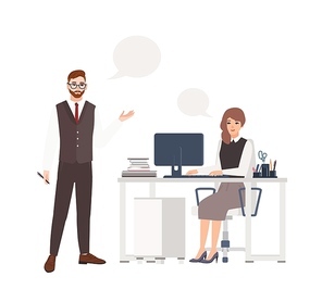 Colleagues or employees talking to each other. Male and female office workers or clerks standing and sitting in chair at desk with computer taking part in dialog. Flat cartoon vector illustration