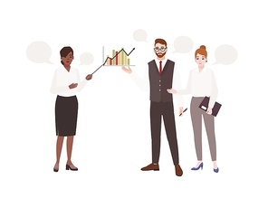 Female office worker making presentation in front of colleagues and talking to them. Work meeting. Managers taking part in professional conversation or dialog. Flat cartoon vector illustration