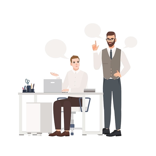 Boss instructing subordinate at workplace. Male office workers dressed in smart clothes talking to each other. Dialog or professional conversation between colleagues. Flat cartoon vector illustration