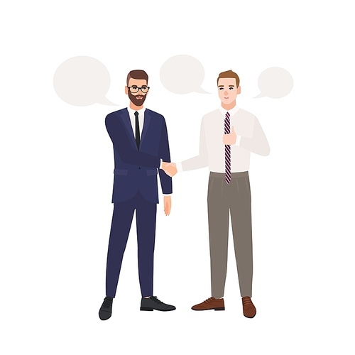Pair of businessmen dressed in business suits standing, talking to each other and shaking hands. Agreement or deal between male office workers isolated on white . Flat vector illustration