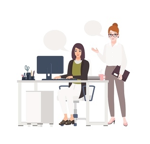 Pair of women working at office together. Female clerks dressed in smart clothes sitting in chair and standing at desk with computer and talking to each other. Flat cartoon vector illustration