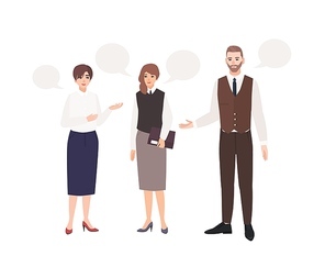 Group of office workers or colleagues talking to each other and speech bubbles. Dialog between clerks. Professional conversation at work, formal negotiation. Flat cartoon vector illustration