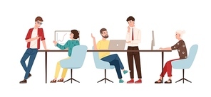 Men and women sitting at desk and standing in modern office, working at computers and talking with colleagues. Effective and productive teamwork. Colorful vector illustration in flat cartoon style.