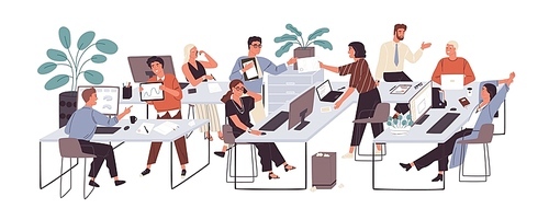 Group of office workers sitting at desks and communicating or talking to each other. Dialogs or conversations between colleagues or clerks at workplace. Flat cartoon colorful vector illustration