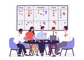 Group of people or office workers sitting around table and discussing work issues against SCRUM task board with sticky notes. Team working under project. Vector illustration in flat cartoon style.
