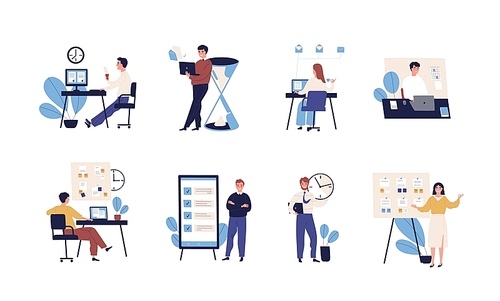 Collection of people successfully organizing their tasks and appointments. Set of scenes with efficient and effective time management and multitasking at work. Flat cartoon vector illustration