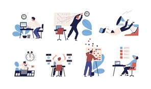 Bundle of people unable to organize their tasks and failing to fit them in schedule. Set of scenes with inefficient and ineffective time management and multitasking. Flat cartoon vector illustration