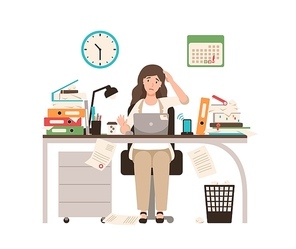 Busy female office worker or clerk sitting at desk completely covered with documents. Woman working at laptop overtime on day before deadline. Colorful vector illustration in flat cartoon style.