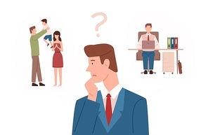 Man dressed in business suit choosing between family responsibilities and career. Difficult choice, life dilemma, working parent decision making. Colorful vector illustration in flat cartoon style