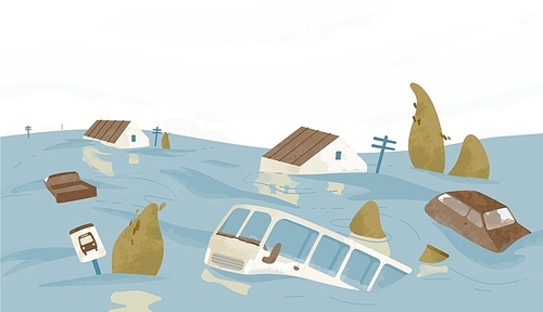 Flooded city or town. Houses, cars, trees, road signs submerged. Buildings and automobiles covered with water. Natural disaster, weather hazard. Colorful vector illustration in flat cartoon style.