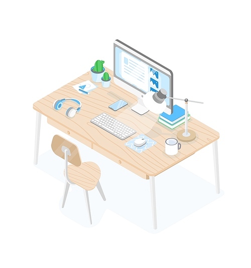 Desk with computer display, table lamp, earphones, keyboard, mousepad, mug on it and chair isolated on white . Creative office workplace. Modern colorful isometric vector illustration.