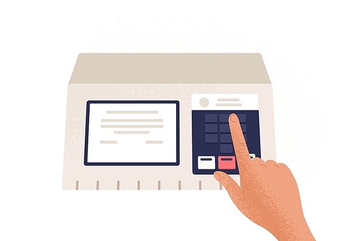 Finger pressing button on electronic voting machine isolated on white . Device used in political election or referendum to vote. Colorful vector illustration in flat cartoon style