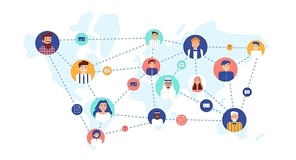 Round portraits of smiling people connected with each other on world map. International business team, global professional network, multinational company. Flat cartoon colorful vector illustration