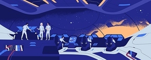 Starship, starcraft, interstellar spacecraft or spaceship and crew members standing and sitting at control panel during spaceflight. Space exploration and travel. Flat modern vector illustration
