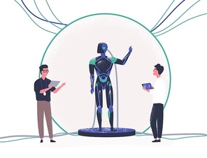 Pair of people standing beside android and controlling it with tablet pc. Presentation of modern anthropomorphic robot, technological breakthrough. Colorful vector illustration in flat cartoon style.