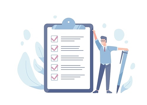 Smiling guy standing beside giant check list and holding pen. Concept of successful goal achievement, productive daily planning and task management. Colorful vector illustration in flat cartoon style.