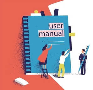 Tiny people or managers trying to open giant user manual. Small men and women and large computer software guide or technical document. Colorful vector illustration in modern flat cartoon style