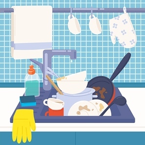 Kitchen sink full of dirty dishes or kitchenware to wash, detergents, sponge and rubber gloves. Messy house. Manual dishwashing or home cleaning. Colorful vector illustration in flat cartoon style.