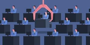 Identical people sit at desks with computers and large robotic arm grabbing one of them. Concept of dismissal of employee, office worker or clerk. Colorful vector illustration in flat cartoon style.