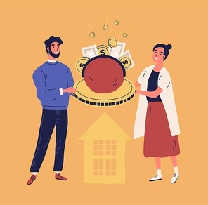 Happy man and woman holding purse or wallet with coins and banknotes. Concept of family or household budget, financial planning, money managing and saving. Vector illustration in flat cartoon style