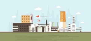 Industrial park, site, zone or area with manufacturing buildings and facilities, power plants and factories, crane, cooling tower against city skyline in background. Flat cartoon vector illustration
