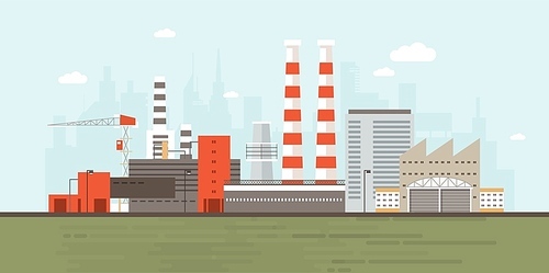 Industrial park or zone with factory buildings, manufacturing structures, power plants, warehouses, cooling towers against city skyline in background. Flat cartoon colorful vector illustration