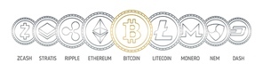 Banner with cryptocurrency coins drawn with contour lines on white background. Digital currencies logos - Bitcoin, Litecoin, Ethereum, Monero, Ripple, Nem, Stratis, Dash, Zcash. Vector illustration