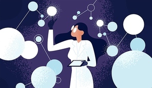 Female scientist in lab coat checking artificial neurons connected into neural network. Computational neuroscience, machine learning, scientific research. Vector illustration in flat cartoon style