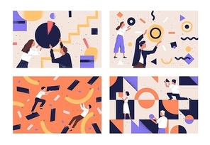 Collection of people organizing abstract geometric shapes scattered around them. Bundle of young men and women collecting figures. Concept of teamwork. Flat vector illustration in contemporary style