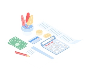 Computer with application for budget planning and control, money saving, taxation and paying debt on screen and financial documents lying on desk. Modern colorful isometric vector illustration.