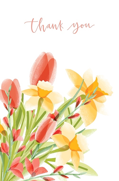 Vertical card template with lettering and bouquet of narcissuses and tulips on white background. Thank you note decorated by beautiful flowers. Elegant colorful floral decorative vector illustration.