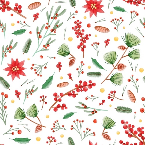 Christmas seamless pattern with holly leaves, poinsettia and mistletoe plants, pine cones and branches on white background. Holiday vector illustration in flat style for wrapping paper, wallpaper.